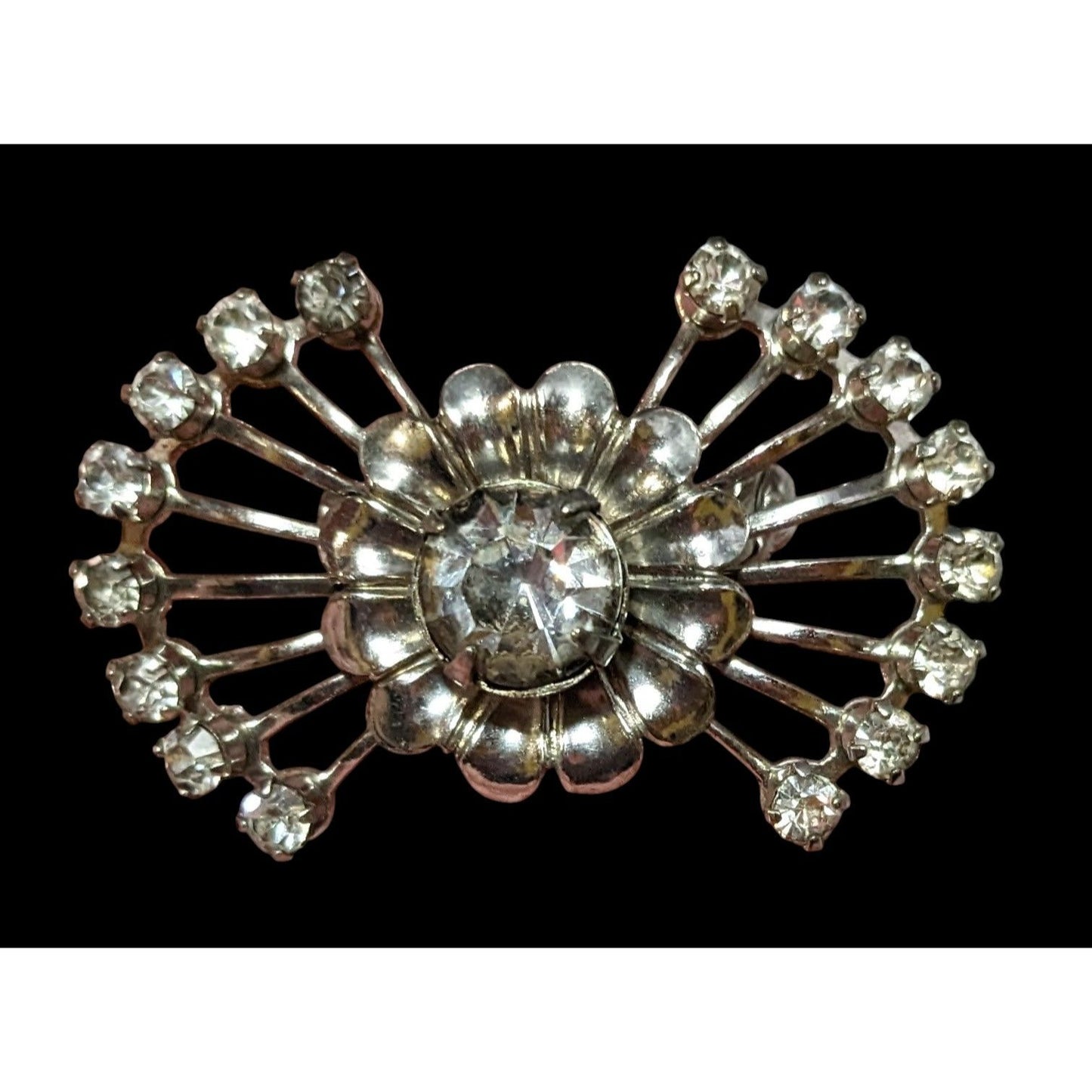 Vintage 50s Atomic Sunburst Silver Tone Rhinestone Brooch