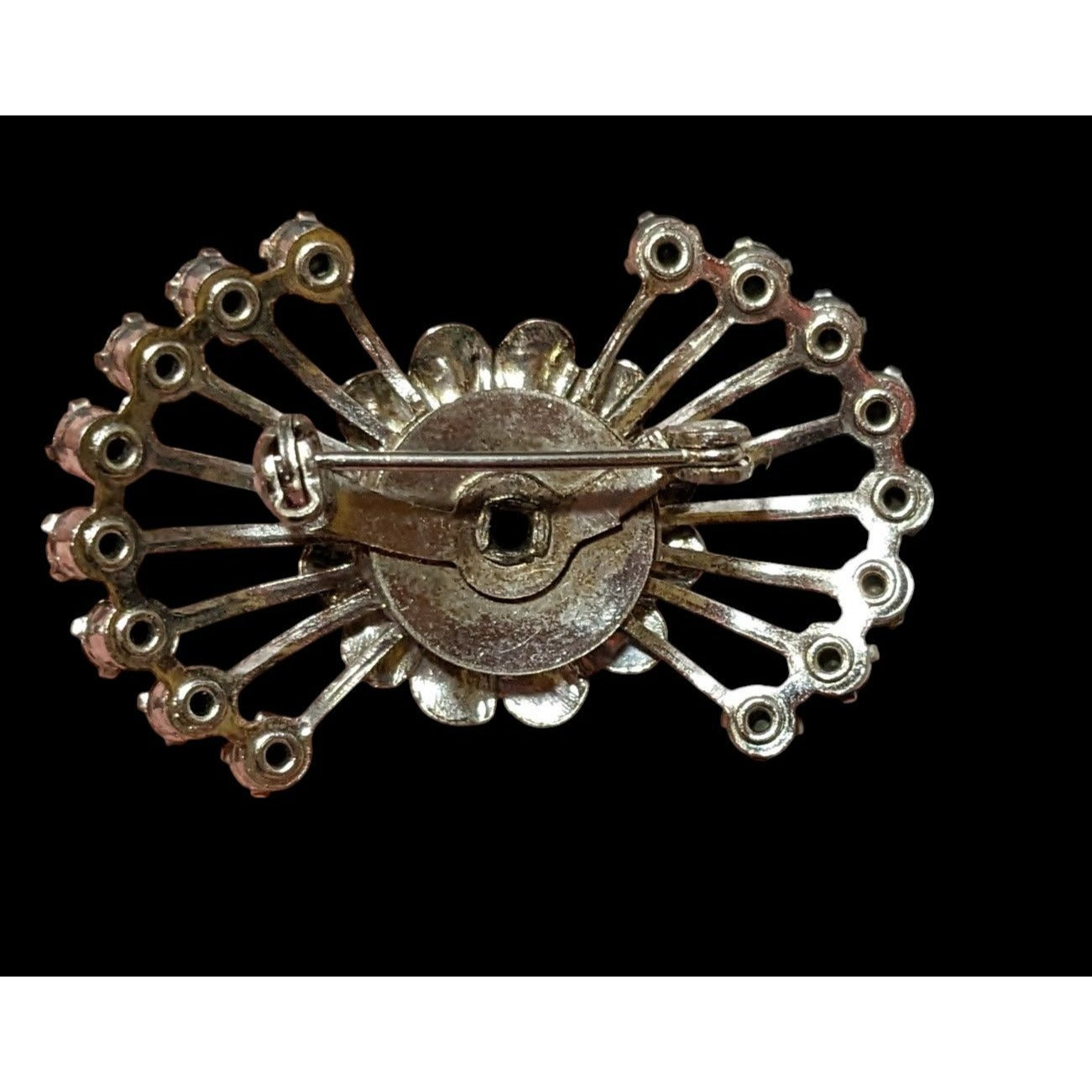 Vintage 50s Atomic Sunburst Silver Tone Rhinestone Brooch