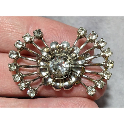 Vintage 50s Atomic Sunburst Silver Tone Rhinestone Brooch