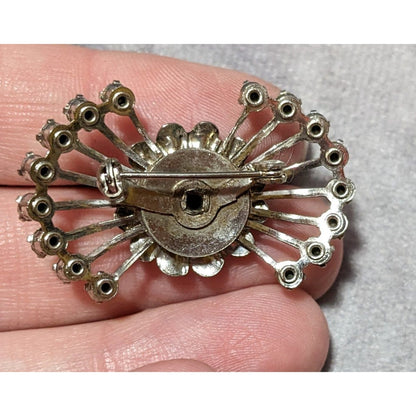 Vintage 50s Atomic Sunburst Silver Tone Rhinestone Brooch