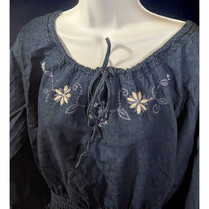 Studio Basic Denim Floral Peasant Top