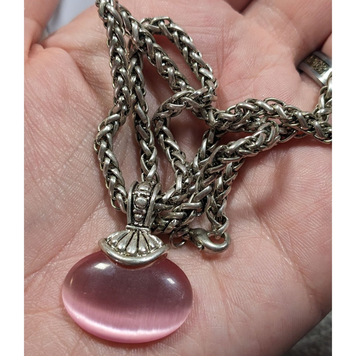 Whimsical Fantasy Pink Cat Eye Glass Pendant Necklace