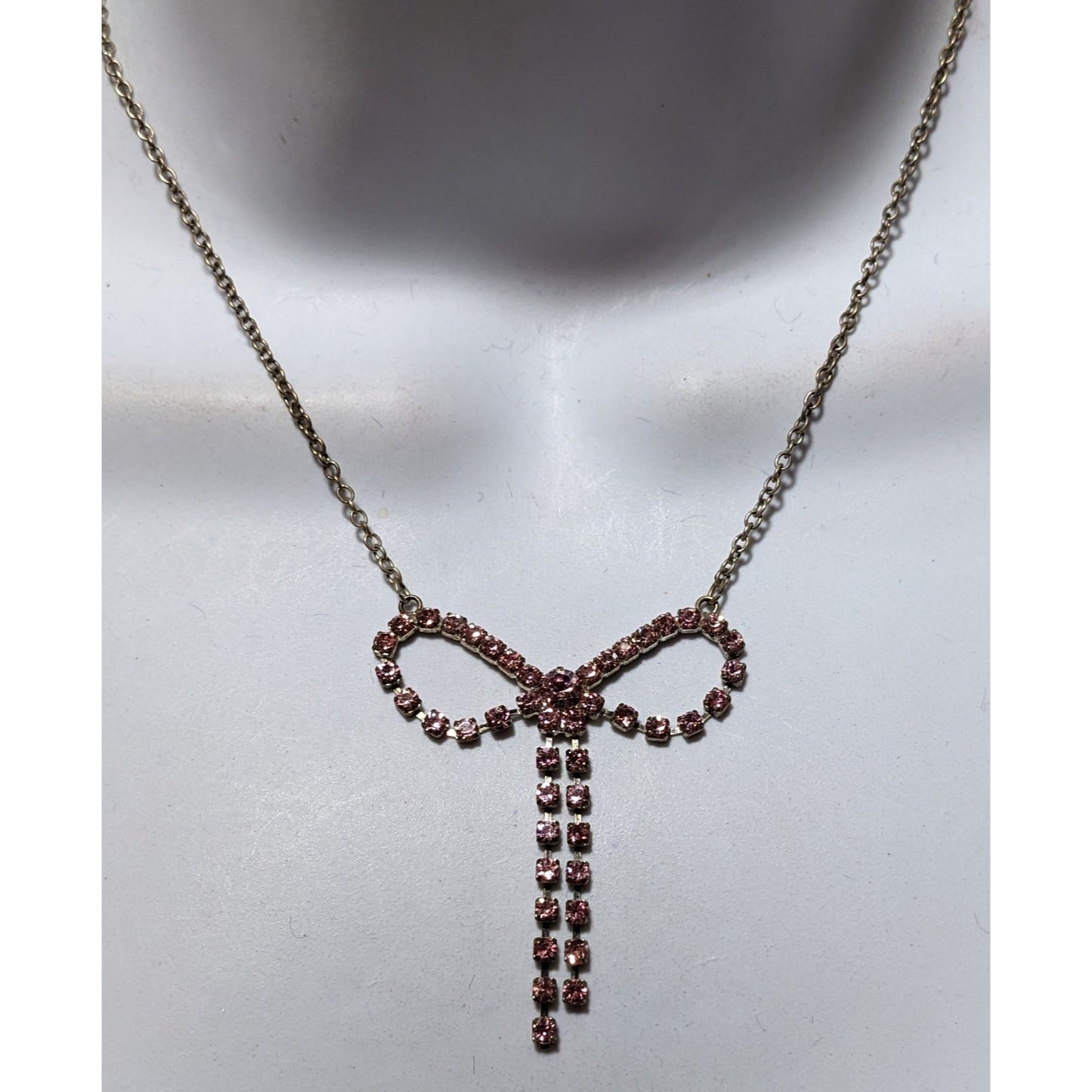 Vintage Coquette Pink Rhinestone Bow Necklace