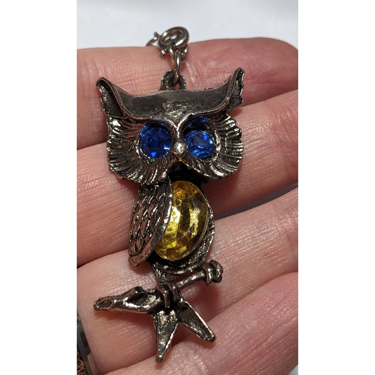 Blue And Yellow Gemmed Steampunk Owl Necklace