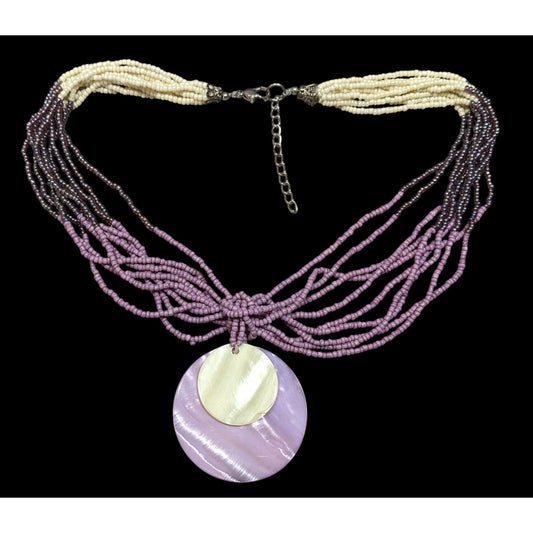 Neutral Mermaidcore Purple And White Glass Beaded Shell Pendant Necklace