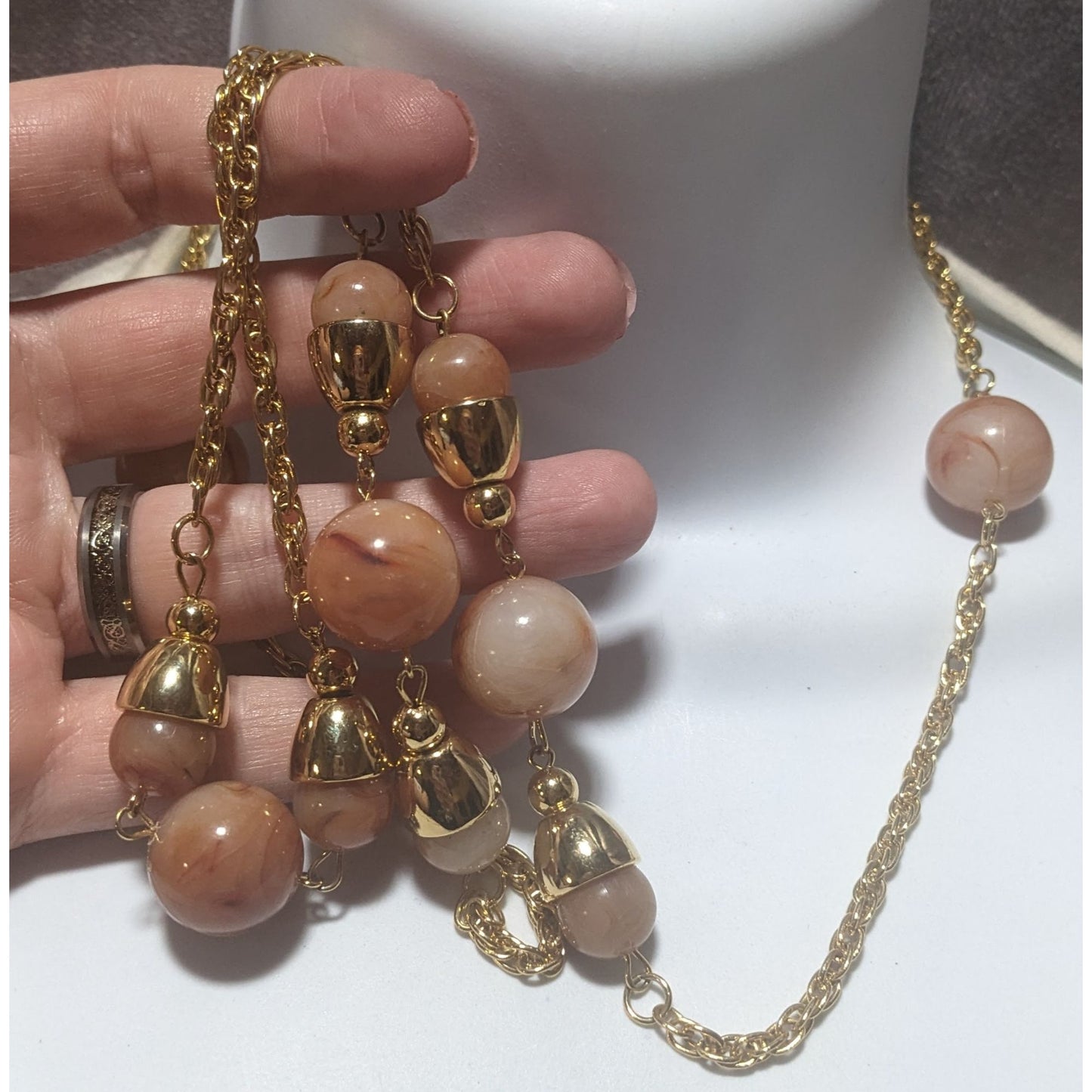 Vintage Gold-Tone Chain Necklace With Pink Beads