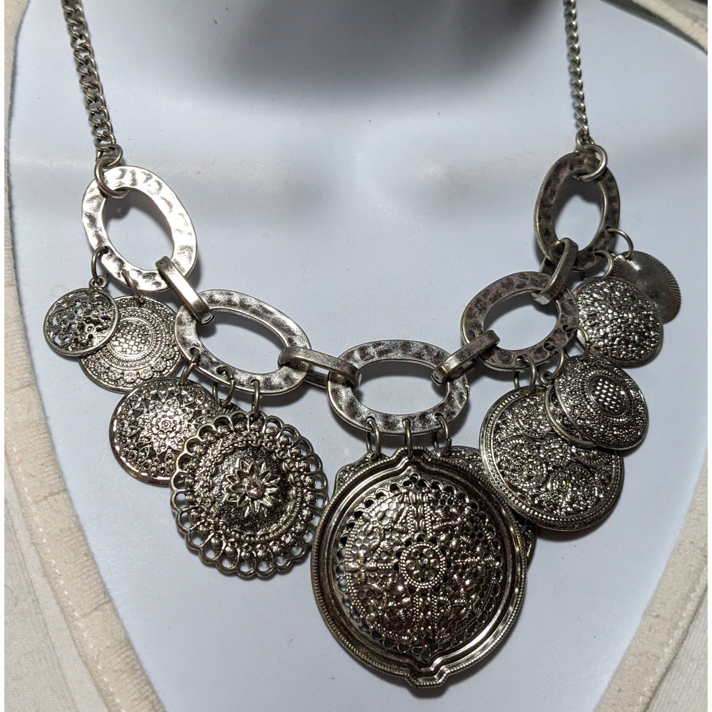 Silver Floral Medallion Embossed Charm Necklace