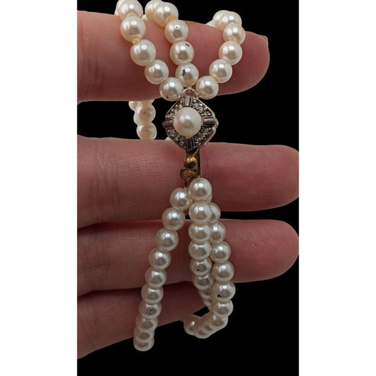 Vintage Franklin Mint Faux Pearl Triple Strand Bracelet Signed FM Rhinestone Clasp Classic Elegance