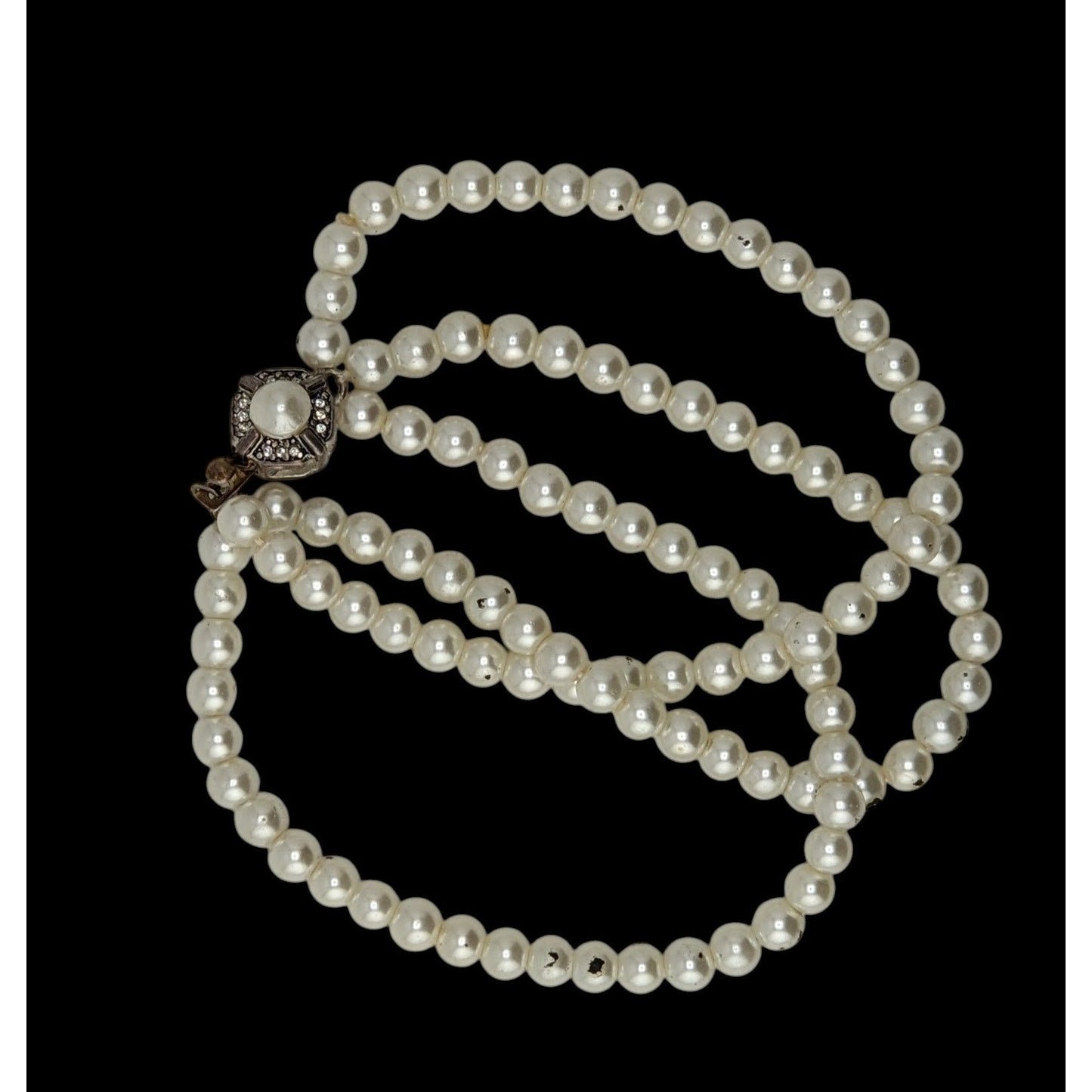 Vintage Franklin Mint Faux Pearl Triple Strand Bracelet Signed FM Rhinestone Clasp Classic Elegance