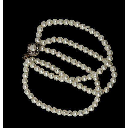 Vintage Franklin Mint Faux Pearl Triple Strand Bracelet Signed FM Rhinestone Clasp Classic Elegance