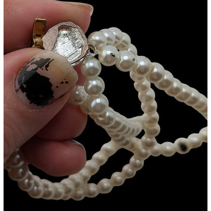 Vintage Franklin Mint Faux Pearl Triple Strand Bracelet Signed FM Rhinestone Clasp Classic Elegance