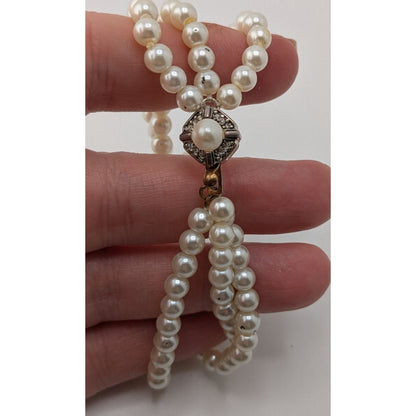 Vintage Franklin Mint Faux Pearl Triple Strand Bracelet Signed FM Rhinestone Clasp Classic Elegance