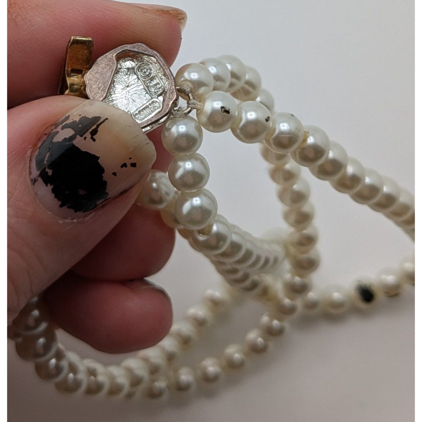 Vintage Franklin Mint Faux Pearl Triple Strand Bracelet Signed FM Rhinestone Clasp Classic Elegance