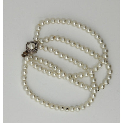 Vintage Franklin Mint Faux Pearl Triple Strand Bracelet Signed FM Rhinestone Clasp Classic Elegance