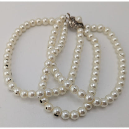 Vintage Franklin Mint Faux Pearl Triple Strand Bracelet Signed FM Rhinestone Clasp Classic Elegance