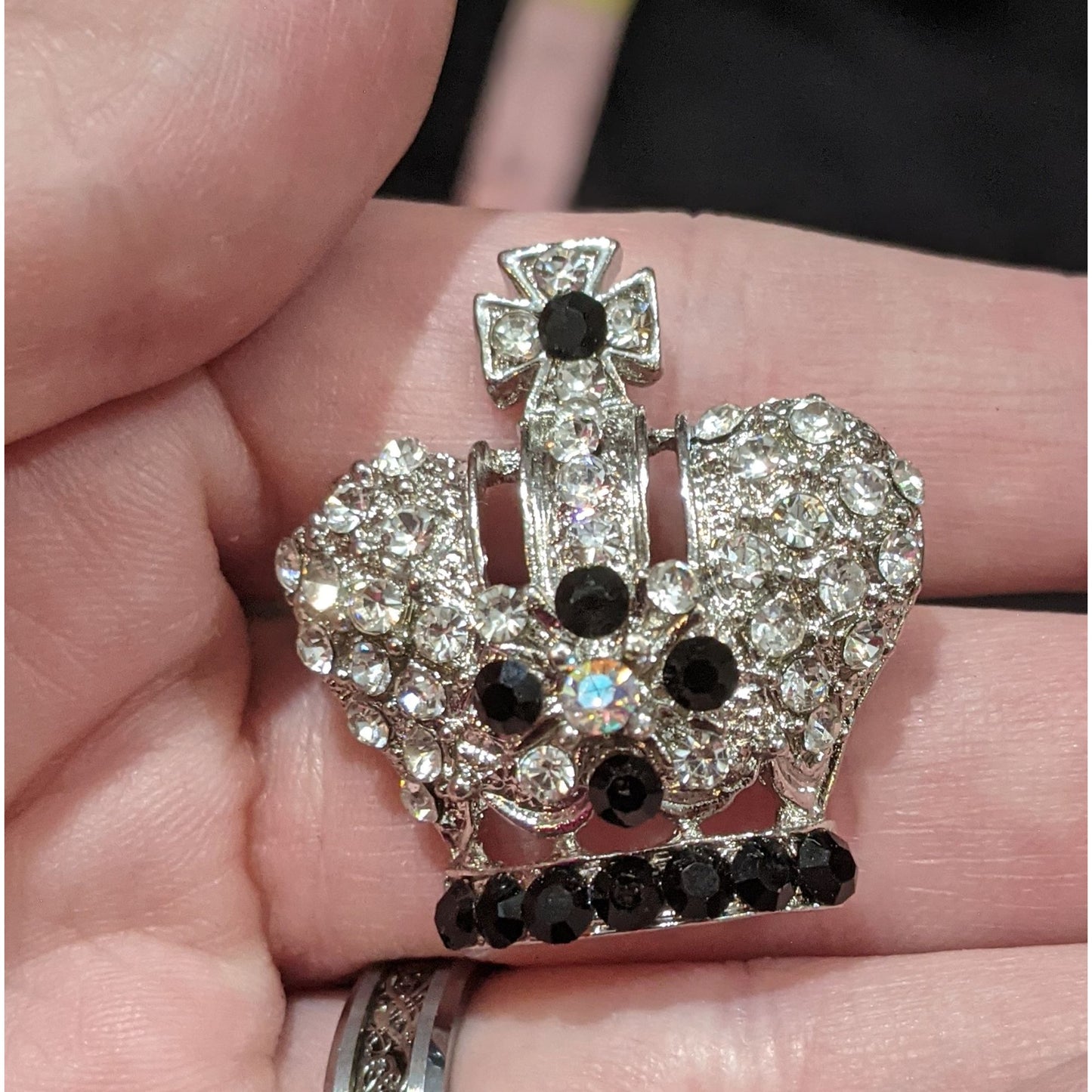 Silver And Black Rhinestone Crown Brooch