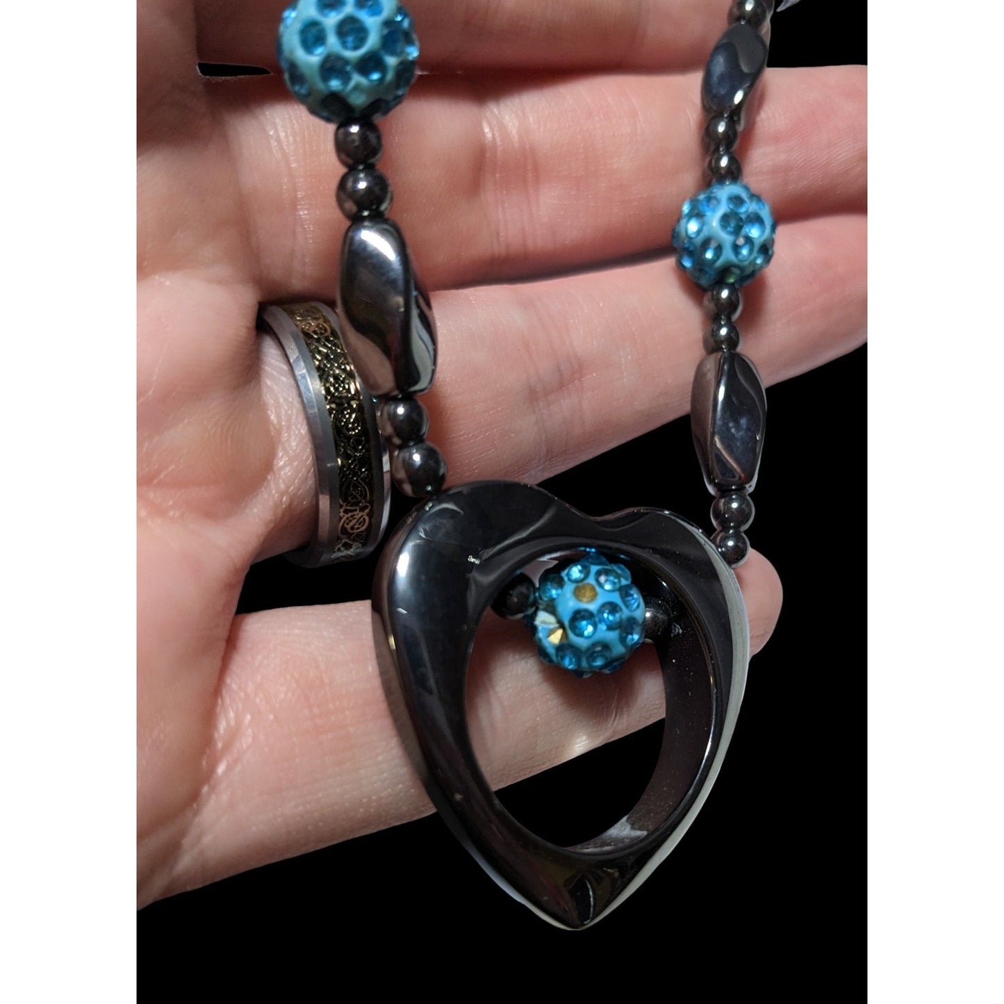 Hematite Open Heart Beaded Pendant Necklace