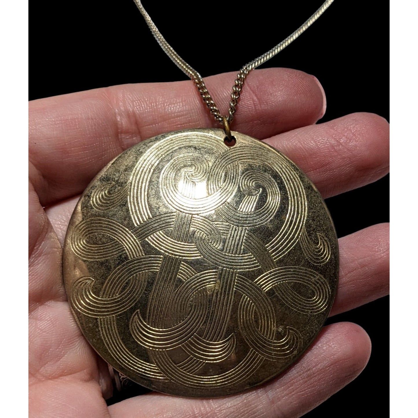 Vintage Large Engraved Gold Medallion Necklace