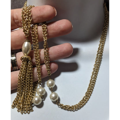 Gold Glam Pearl Beaded Chain Tassel Necklace