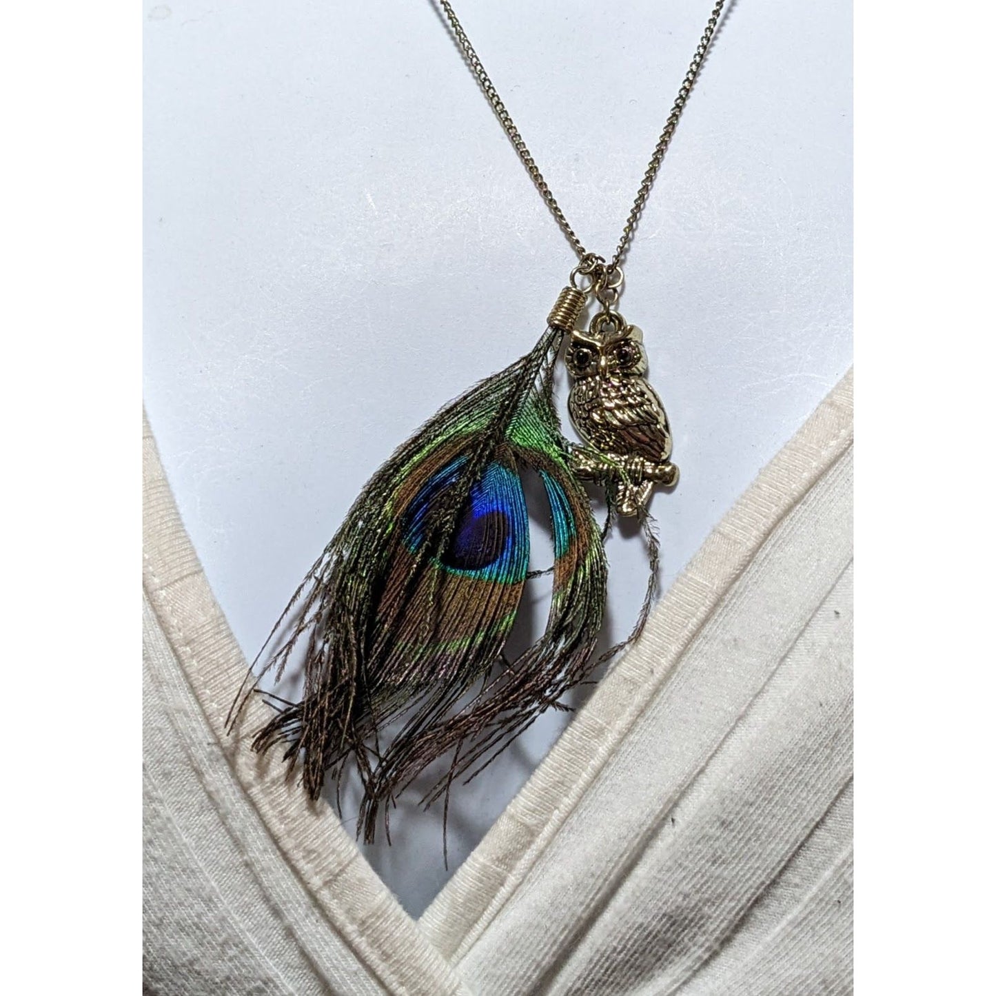 Peacock Feather Owl Charm Necklace