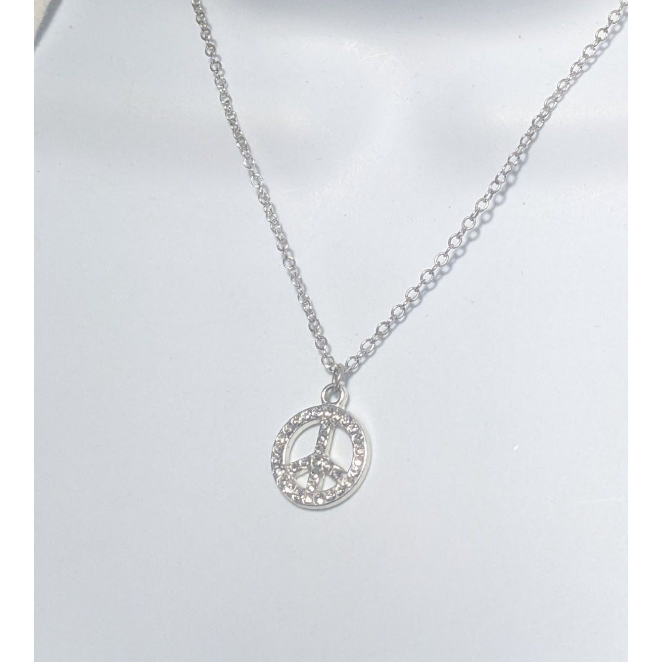 Silver Rhinestone Peace Sign Necklace