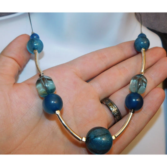 Abstract Blue Crackle And Silver Tone Beaded Necklace