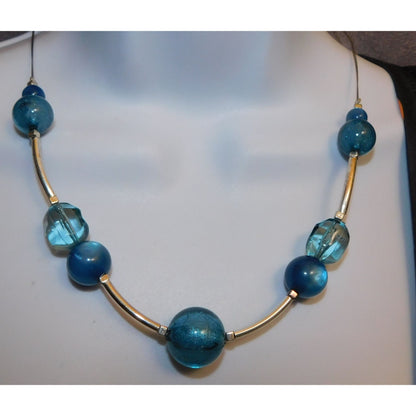 Abstract Blue Crackle And Silver Tone Beaded Necklace