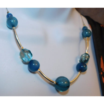 Abstract Blue Crackle And Silver Tone Beaded Necklace