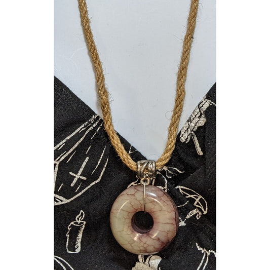 Tribal Agate Donut Pendant Necklace Handcrafted Hemp Cord Earthy Boho Statement Jewelry