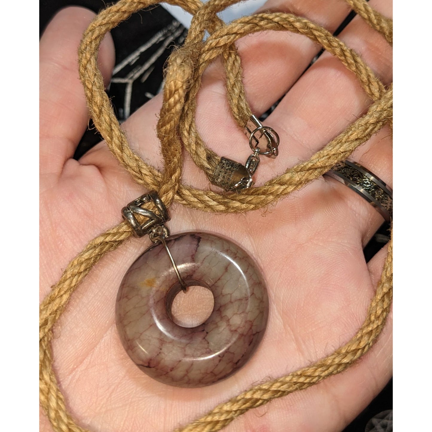Tribal Agate Donut Pendant Necklace Handcrafted Hemp Cord Earthy Boho Statement Jewelry