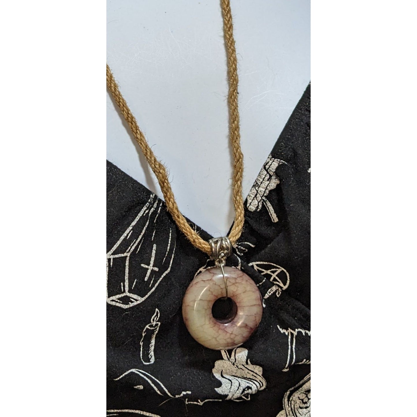 Tribal Agate Donut Pendant Necklace Handcrafted Hemp Cord Earthy Boho Statement Jewelry