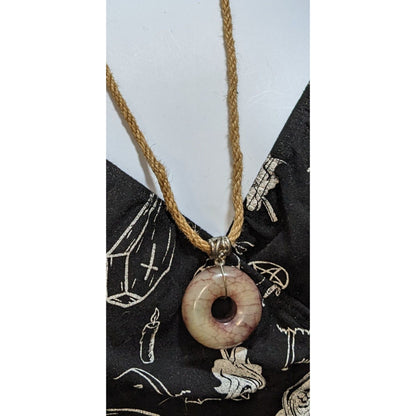 Tribal Agate Donut Pendant Necklace Handcrafted Hemp Cord Earthy Boho Statement Jewelry