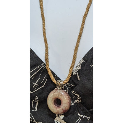 Tribal Agate Donut Pendant Necklace Handcrafted Hemp Cord Earthy Boho Statement Jewelry