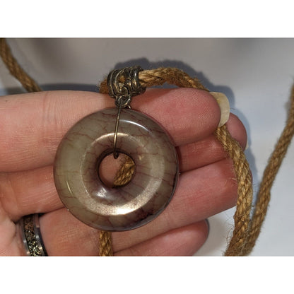 Tribal Agate Donut Pendant Necklace Handcrafted Hemp Cord Earthy Boho Statement Jewelry