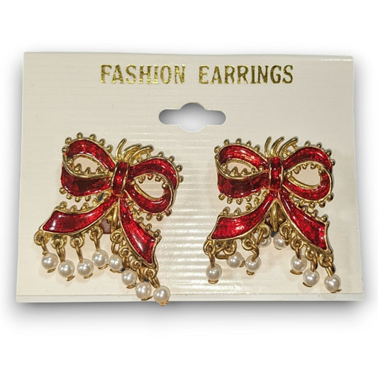 Vintage Romantic Metal Enamel Red Gold Tone Bow Clip On Earrings 1 Inch NWT