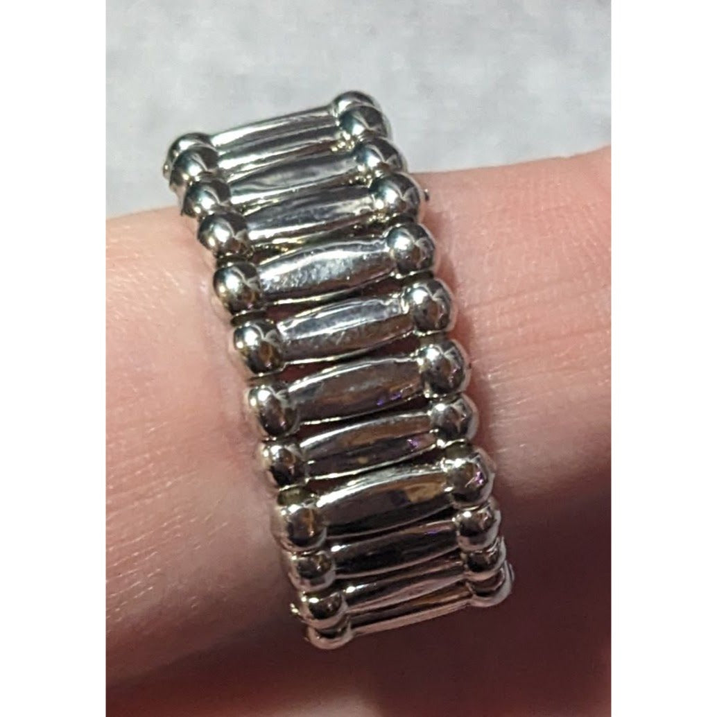 Brutalist Silver Tone Geometric Stretch Ring Size 8