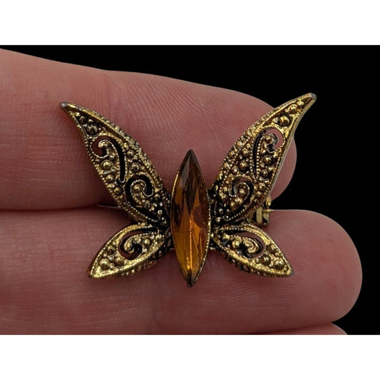 Vintage Butterfly Brooch Gold Tone Openwork Wings Topaz Rhinestone Victorian Fairycore Pin