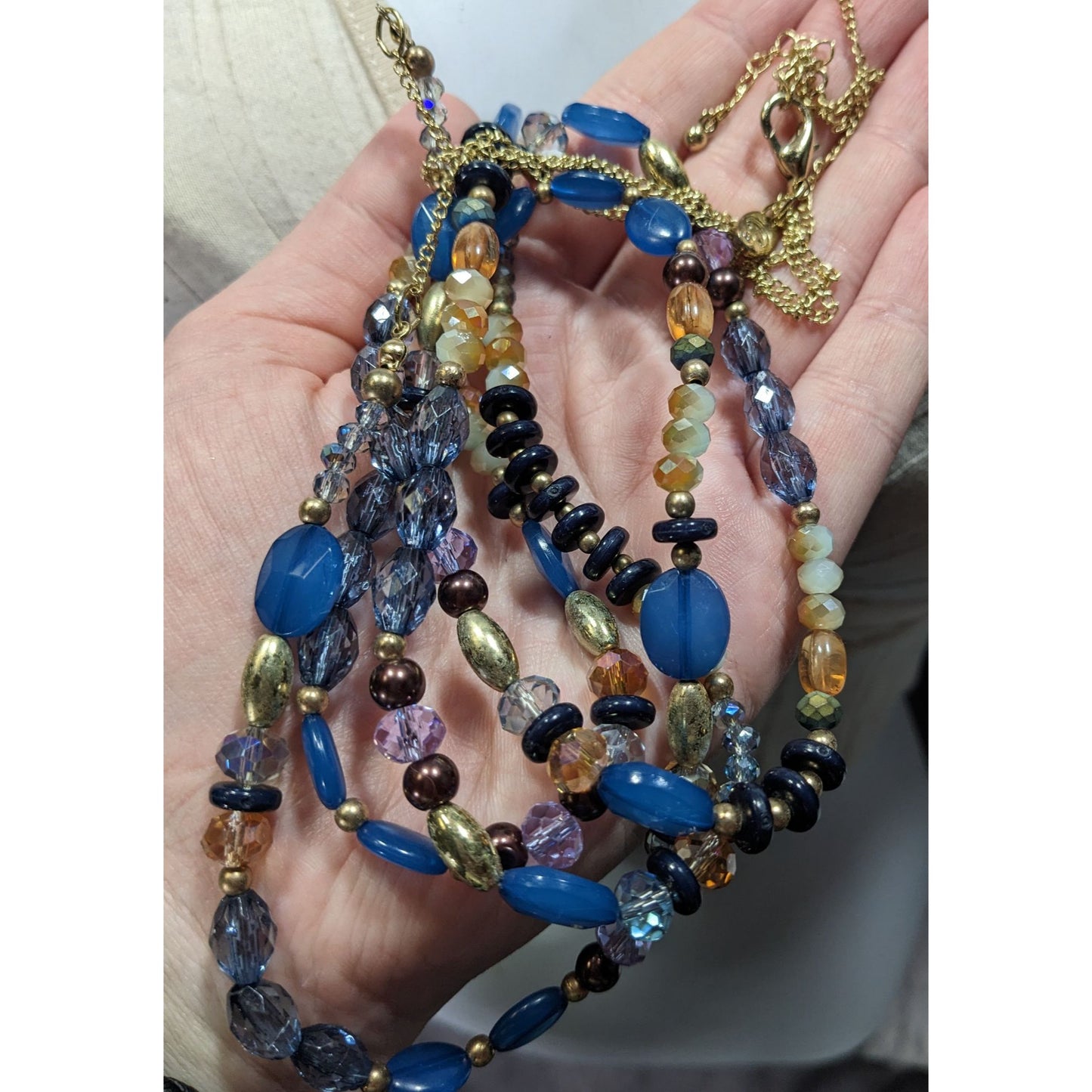 Charming Charlie Multi-Strand Beaded Necklace With Blue & Gold Tones On Gold Chain