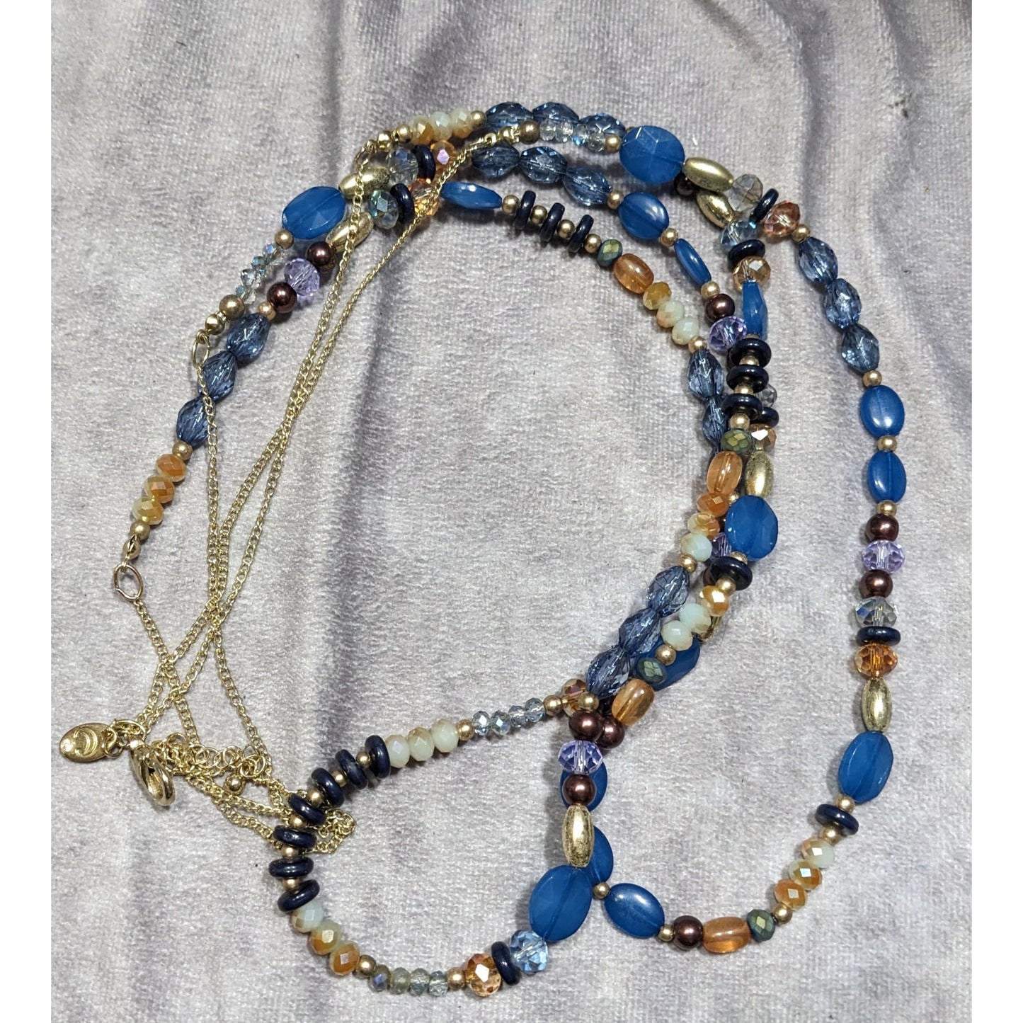 Charming Charlie Multi-Strand Beaded Necklace With Blue & Gold Tones On Gold Chain