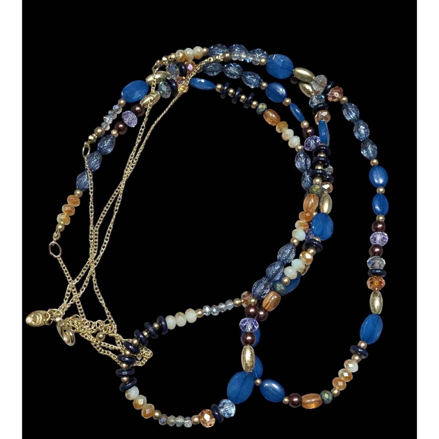 Charming Charlie Multi-Strand Beaded Necklace With Blue & Gold Tones On Gold Chain
