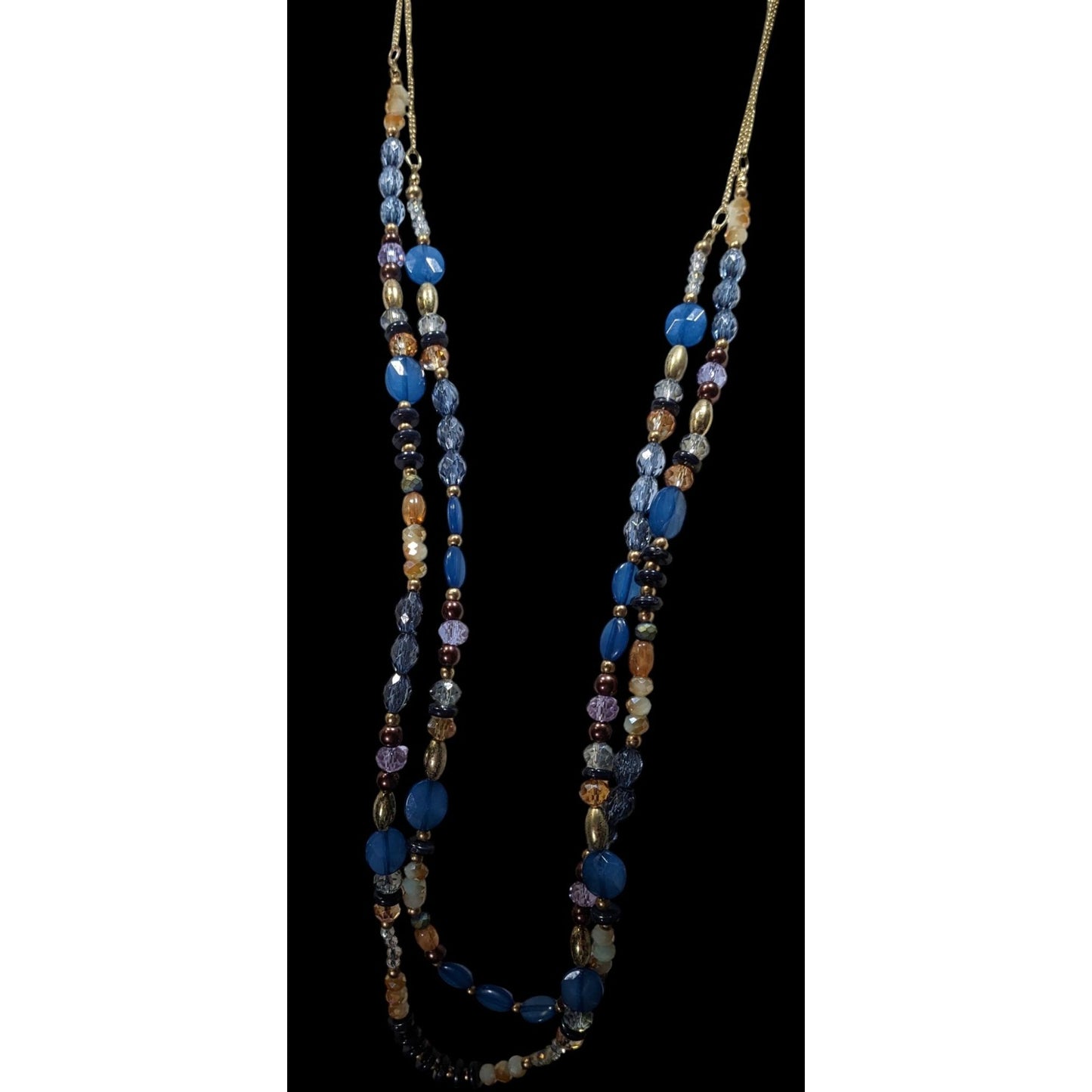 Charming Charlie Multi-Strand Beaded Necklace With Blue & Gold Tones On Gold Chain
