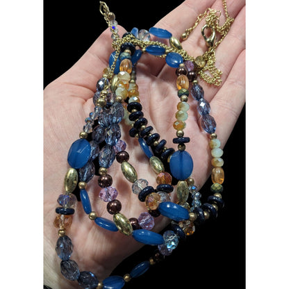 Charming Charlie Multi-Strand Beaded Necklace With Blue & Gold Tones On Gold Chain