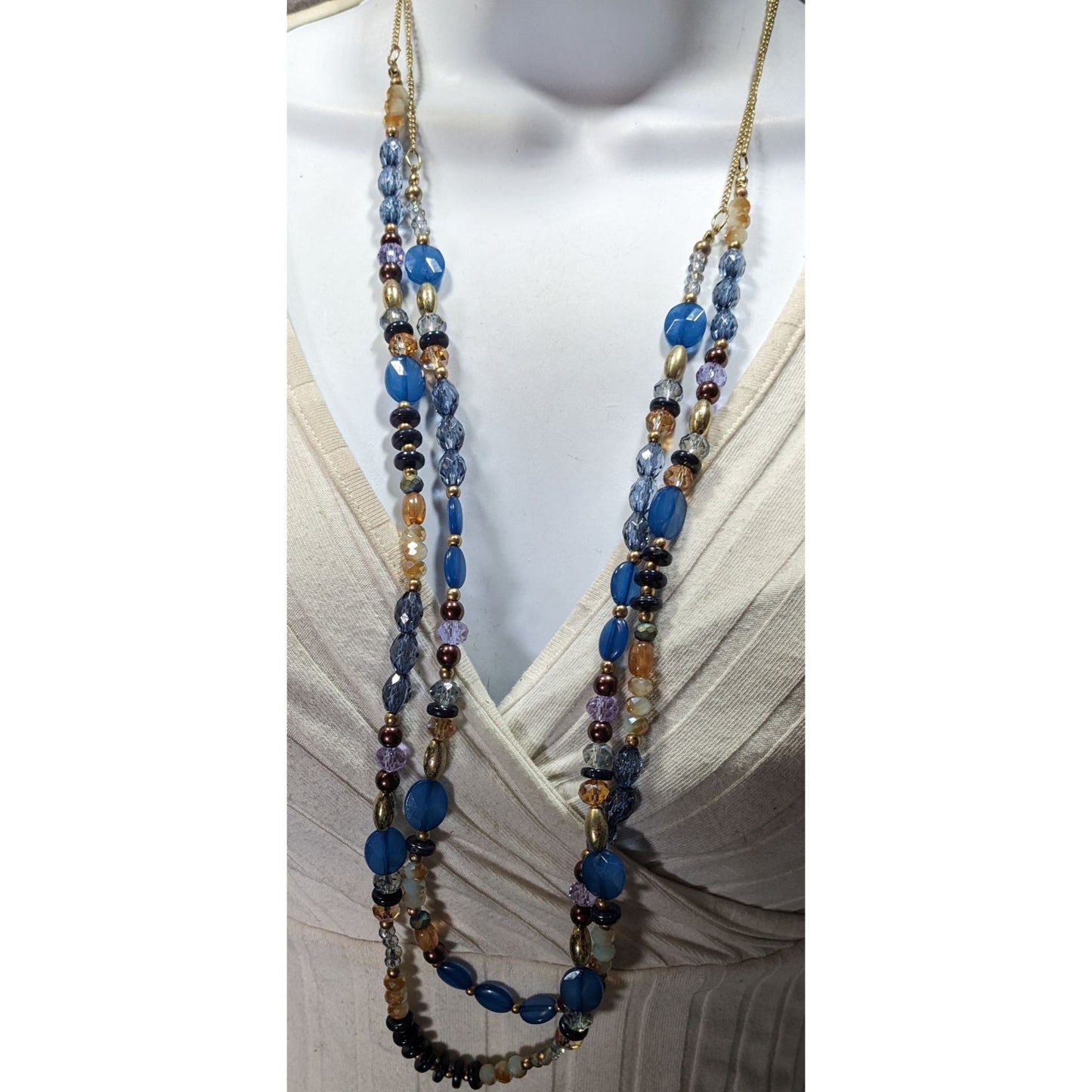Charming Charlie Multi-Strand Beaded Necklace With Blue & Gold Tones On Gold Chain