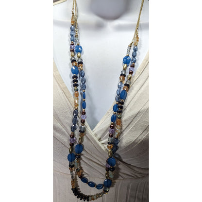 Charming Charlie Multi-Strand Beaded Necklace With Blue & Gold Tones On Gold Chain