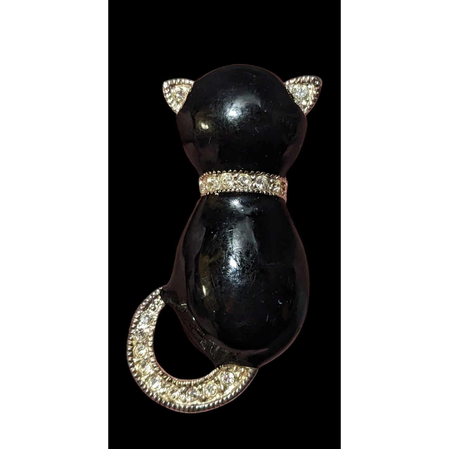 Vintage Roman Black And Silver Rhinestone Cat Brooch