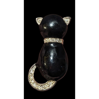 Vintage Roman Black And Silver Rhinestone Cat Brooch