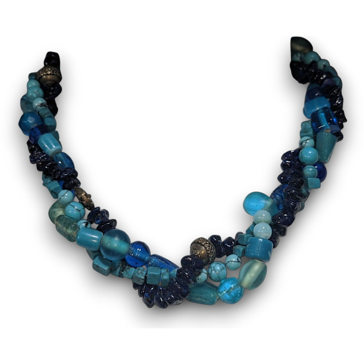 Vintage Boho Torsade Glass Blue Multi Strand Necklace 14 Inch Handmade
