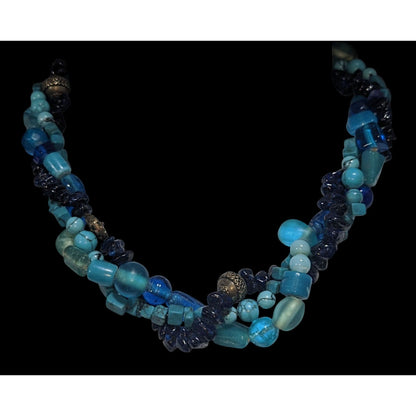 Vintage Boho Torsade Glass Blue Multi Strand Necklace 14 Inch Handmade