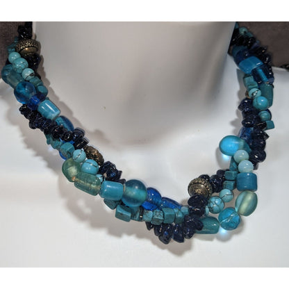 Vintage Boho Torsade Glass Blue Multi Strand Necklace 14 Inch Handmade