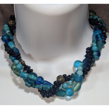 Vintage Boho Torsade Glass Blue Multi Strand Necklace 14 Inch Handmade